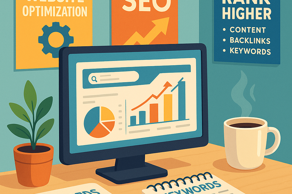 Ordinateur affichant des graphiques de performance SEO sur un bureau avec des notes et une plante.