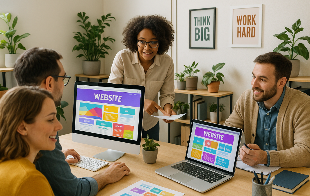 Quatre personnes en réunion autour d'une table avec des ordinateurs affichant des graphiques de site web.