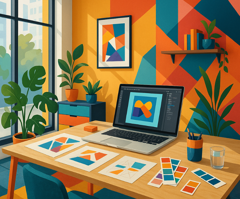 Bureau moderne avec un ordinateur portable et des œuvres d'art géométriques sur une table en bois.