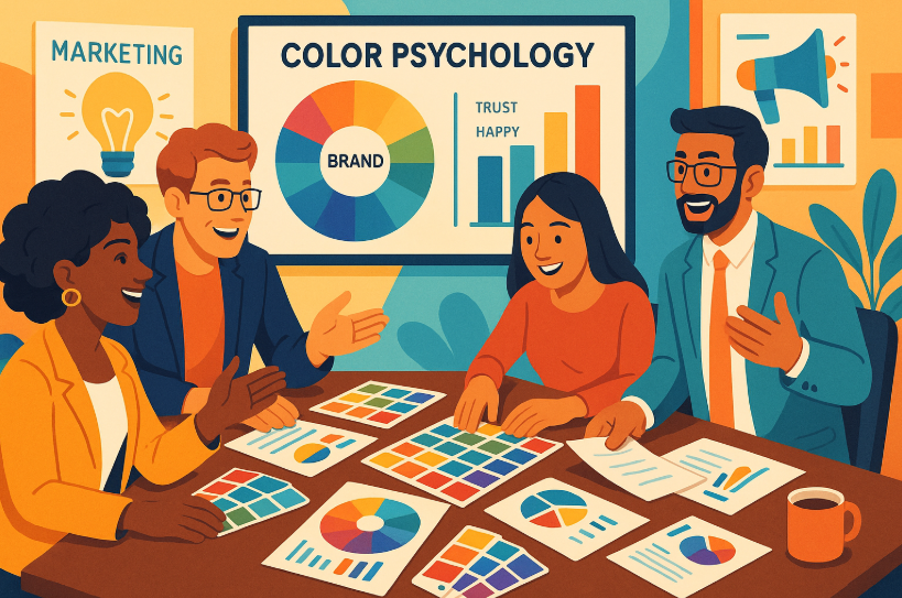 Quatre personnes discutant de la psychologie des couleurs autour d'une table avec des graphiques et des échantillons de couleurs.
