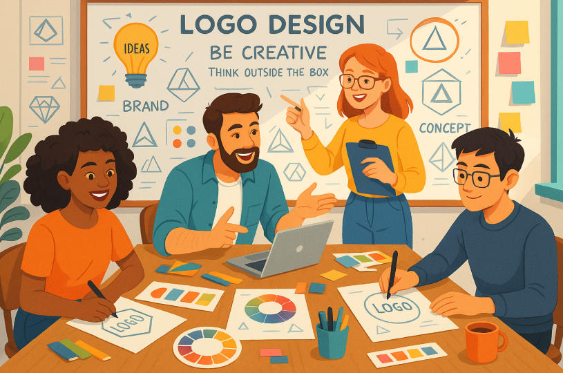 Quatre personnes collaborant sur un projet de conception de logo avec des esquisses et un ordinateur portable.